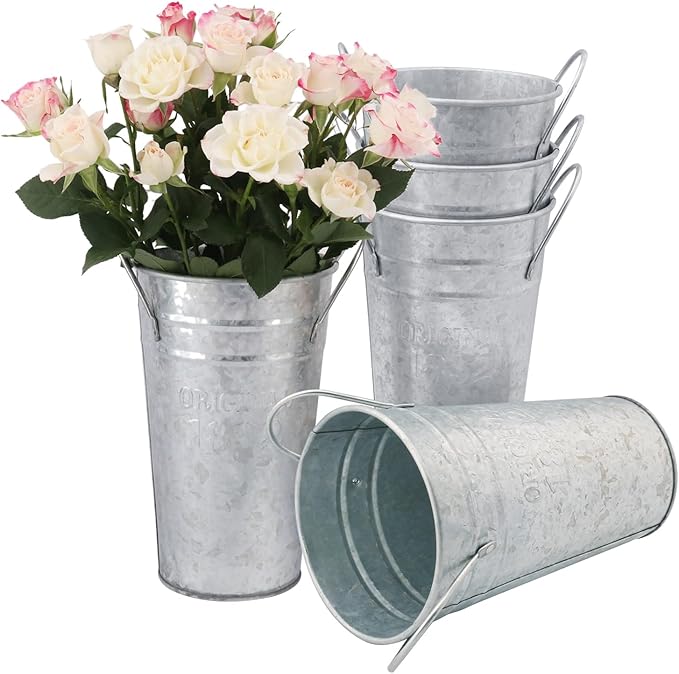 5 Packs 9.8 Inch, Galvanized Metal Vases with Handles, Rustic Tall Flower Buckets for Cut Flowers, Country Wedding, Table Centerpiece Decorations, Vintage Style Flower Containers