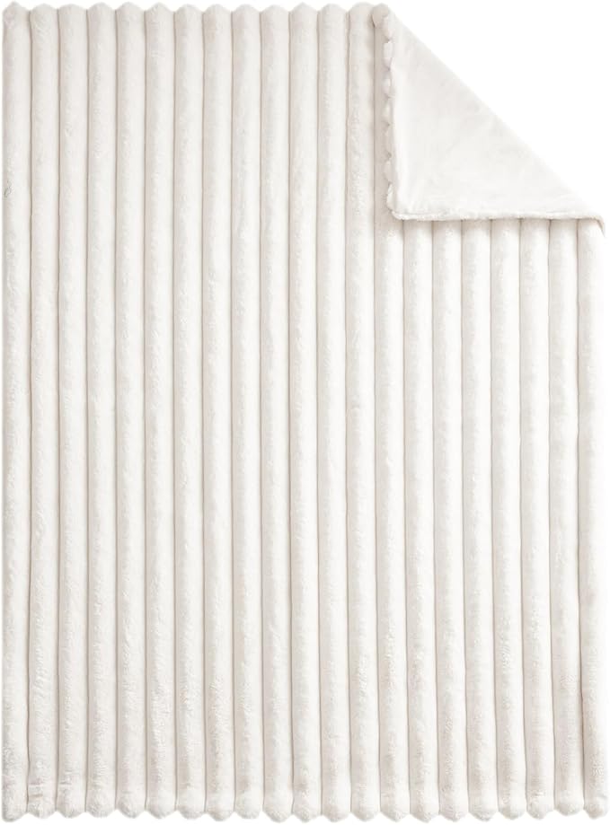 WDCOZY Faux Fur Throw Blanket Striped Super Soft Cozy Fluffy Luxurious Blankets Couch Bed Sofa Chair Home Decor Warm Furry Fall Winter Plush Lightweight Rabbit Fur Bubble Blanket 50" x 60", Ivory