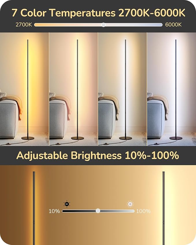 EDISHINE Corner Floor Lamp, Dimmable LED Light with Remote, 3 Color Temperature 3000K-4500K-6000K, 57.5" Modern Black LED Floor Lamp for Bedroom, Living Room, Office