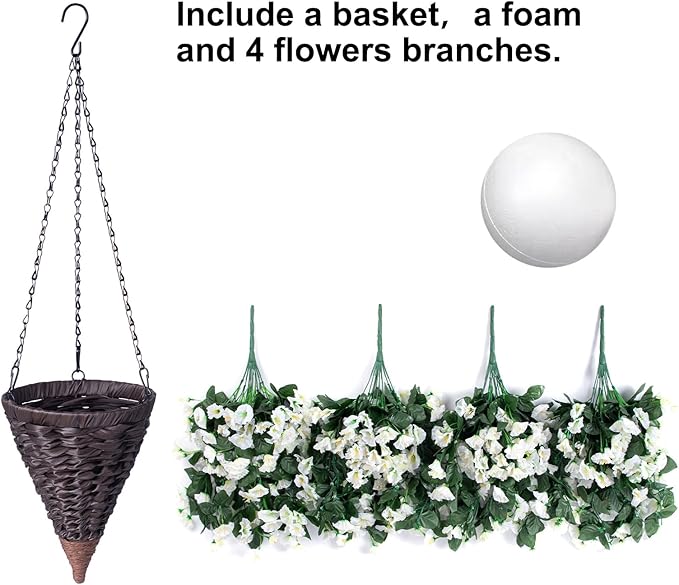 Artificial Fake Flowers Plants Hanging Baskets for Outdoor Outside Fall Decor, Faux Silk Hanging White Morning Glory Trailing Vines UV Resistant Look Real for Porch Patio Home Decoration