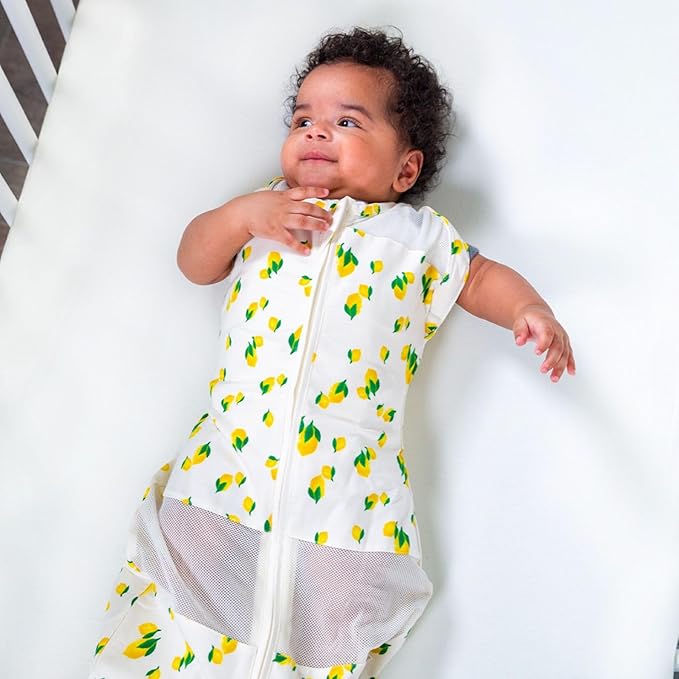 Happiest Baby Sleepea 5-Second Swaddle - 100% Organic Cotton Baby Swaddle Blanket - Doctor Designed Promotes Healthy Hip Development (Ivory Lemons, Large)