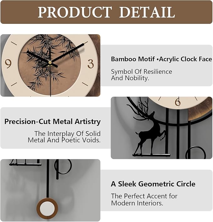 Wall Clocks for Apartment Decor Non Ticking Modern Large Clock Wall Decor Bedroom/Kitchen/Living Room Battery Operated Clock Brown Bamboo Patterns 27"*12"