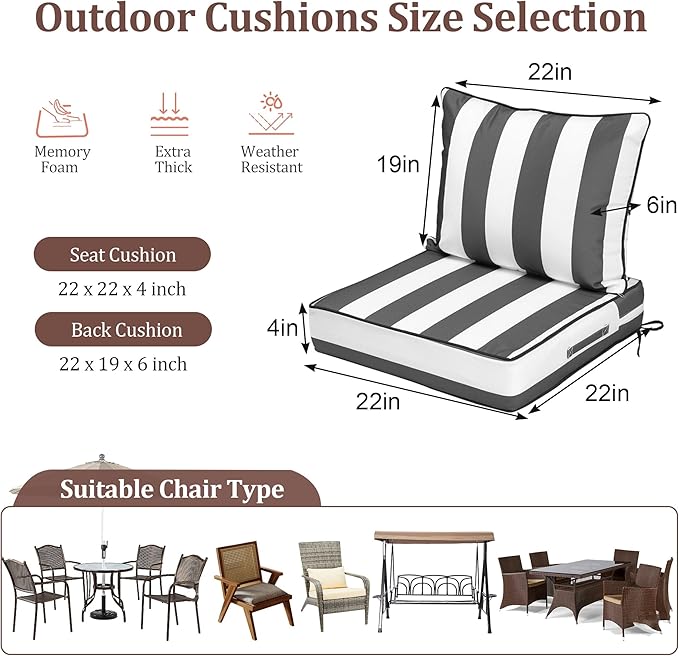 Waterproof Outdoor Chair Cushion Set of 2, 22x22x4 IN Deep Seat Patio Cushions with Fade Resistant Removable Cover,Outdoor Cushions for Patio Furniture with Ties&Handle for Chair Sofa Couch,GrayStripe