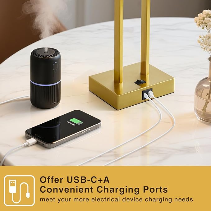25.5" Nightstand Table Lamps for Bedrooms Set of 2, Bedside Lamp with USB C+A, 3 Colors Changeable Living Room Lamp, Modern Night Stand Lamps for Bed Side Guest Room Reading, Gold