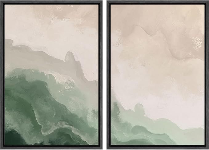 MUDECOR Framed Canvas Print Wall Art Soft Green and Beige Abstract Calming Watercolor Landscape Illustrations Modern Art Decorative Bohemian Chic for Living Room, Bedroom, Office - 16"x24"x2 Black