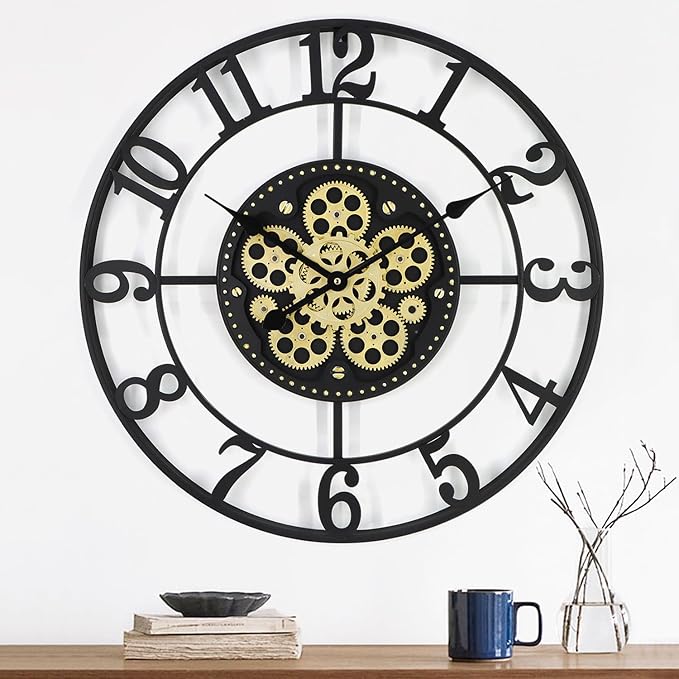 24 Inch Large Wall Clocks for Living Room Decor with Moving Gears,Large Wall Clock Industrial Steampunk,Oversized Metal Analog Wall Clocks for Farmhouse Home Battery Operated