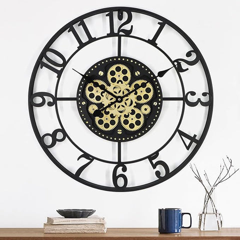24 Inch Large Wall Clocks for Living Room Decor with Moving Gears,Large Wall Clock Industrial Steampunk,Oversized Metal Analog Wall Clocks for Farmhouse Home Battery Operated