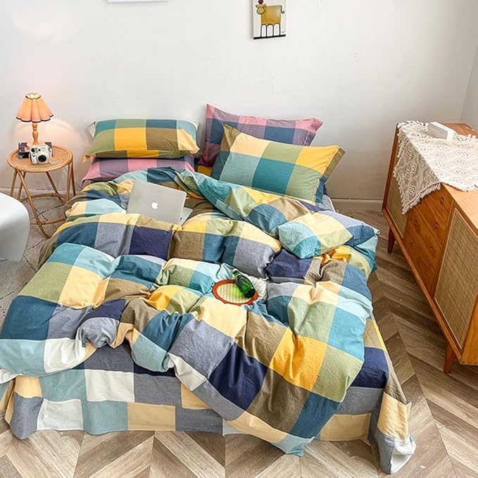 VM VOUGEMARKET Yellow Green Plaid Duvet Cover Set Queen Washed Cotton Bedding Set Multicolor Buffalo Grid Duvet Cover with 2 Pillowcases for Men Women