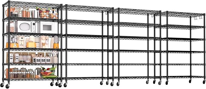 PrimeZone 4 Pack 6 Tier Wire Shelving with Wheels,Metal Shelf Heavy Duty Adjustable Kitchen Storage Shelves Unit,Pantry Organizer Rack Rolling for Garage Closet Laundry 36''W x 18''D x 78''H