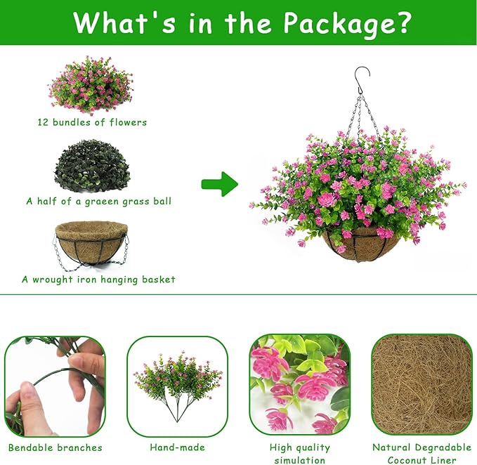 Artificial Hanging Flowers Basket, 12 UV-Resistant Bundles of Realistic Fake Flowers, Faux Plants for Outdoor Decor, Home, Garden, Porch, Patio, Spring & Summer Decorations, Pink