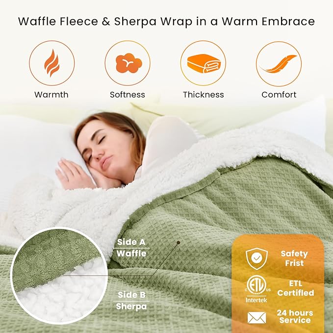 Heated Blanket Electric Blanket King Waffle, 90x100 Inches Dual Controllers Sherpa Fleece Fast Heating Blanket 6 Heating Levels & 10 Hours Auto Off ETL Certification, Sage King