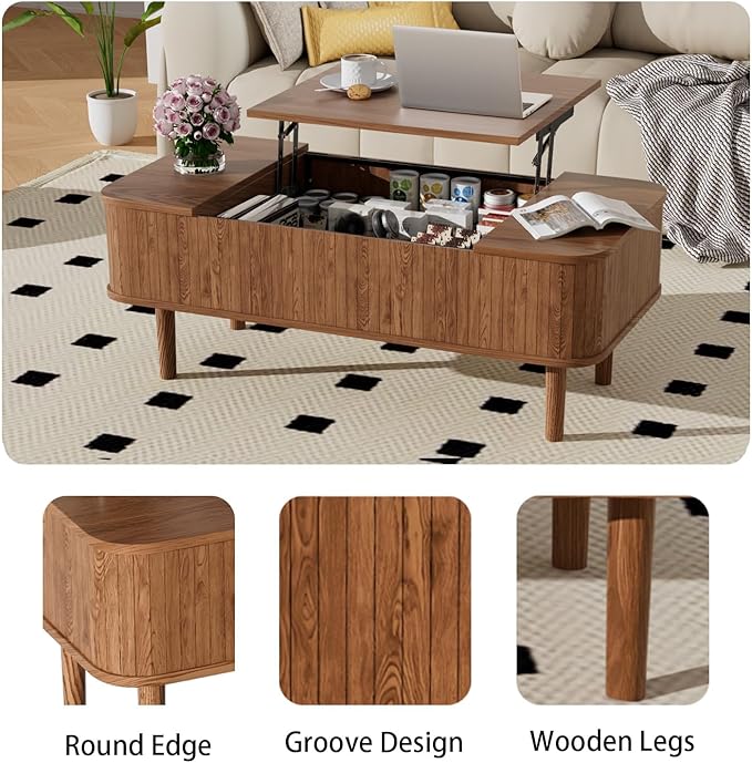 Walnut Coffee Table with Storage, Lift Top Coffee Table, Mid Century Modern Coffee Tables, Lift up Center Table for Living Room