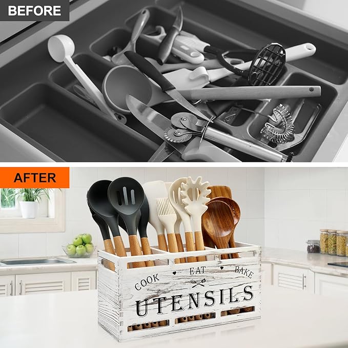 Large Utensil Holder for Kitchen Counter Farmhouse Spatula Holder Cooking Utensil Organizer Cutlery Caddy Spoon Kitchen Tools Holder (Retro White)