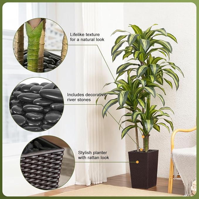 Artificial Dracaena Tree 6FT - UV Resistant Faux Tree with Large Taper Planter & Pebbles - Tall Fake Plants Indoor & Outdoor, Potted Floor Plant for Home Living Room Porch Decor, VN127