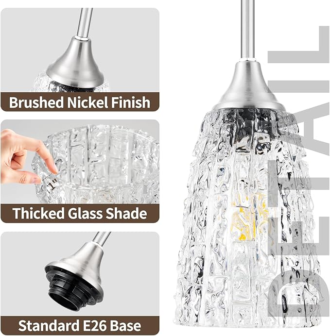 Brushed Nickel Pendant Lights Kitchen Island, 1-Light Hammered Glass Pendant Light Fixtures with Clear Glass and Rods, Modern Hanging Light for Kitchen Sink Dining Room Bedroom, E26