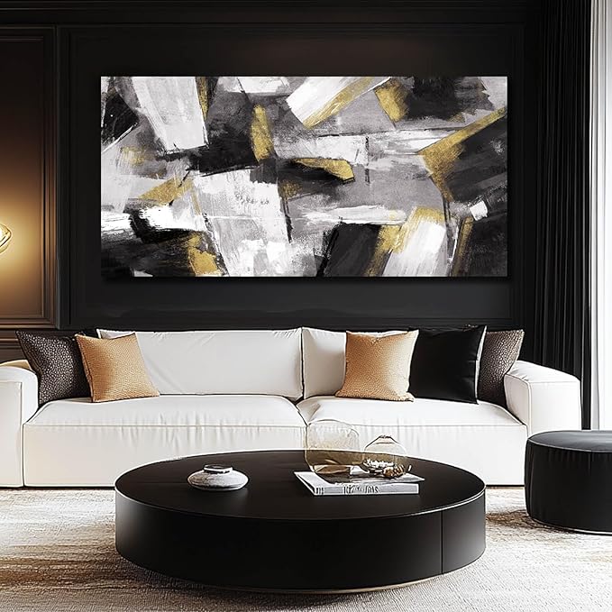 SOUGUAN Abstract Wall Decor Gold Canvas Wall Art for Living Room Modern Canvas Prints pictures for Wall Black And White Artwork for Home Hotel Decoration 24x48 Inch