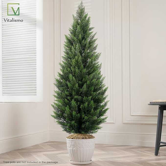 Artificial Topiary Cedar Trees 5FT Tall 2 Set, Outdoor Indoor Faux Pine Shrubs Plants, Realistic Fake Plants Front Porch Decor, Artificial Bushes Cypress for Home Front Door Offices