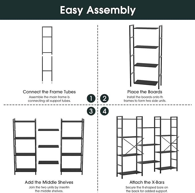 Triple 4 Tier Book Shelf, Modern Bookcase Shelf, Freestanding Large Display Shelves for Living Room/Office/Garage, Stable Large Bookshelf with Storage for Books/Lego/Plants, Black
