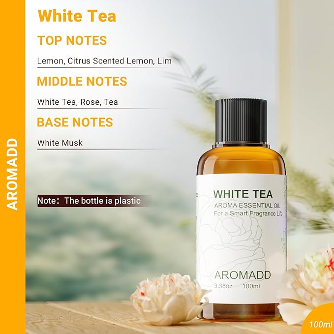 Aromadd Hotel Scents Diffuser Oil White Tea, Luxury Essential Oils for Waterless Diffuser, Aromatherapy Hotel Diffuser Oil for Home & Office, Long-Lasting Air Freshener - 3.38 fl oz (100 mL)