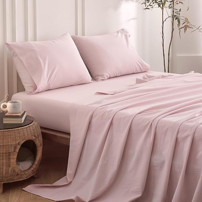 6PS Linen Like Bedding Sheet Sets Greyish Pink Cotton Bedding Set Oeko-TEX Standard 100% Washed Cotton Deep Pocket King Size Fitted Sheet Plus Cozy Flat Sheet and 4 Pillowcases