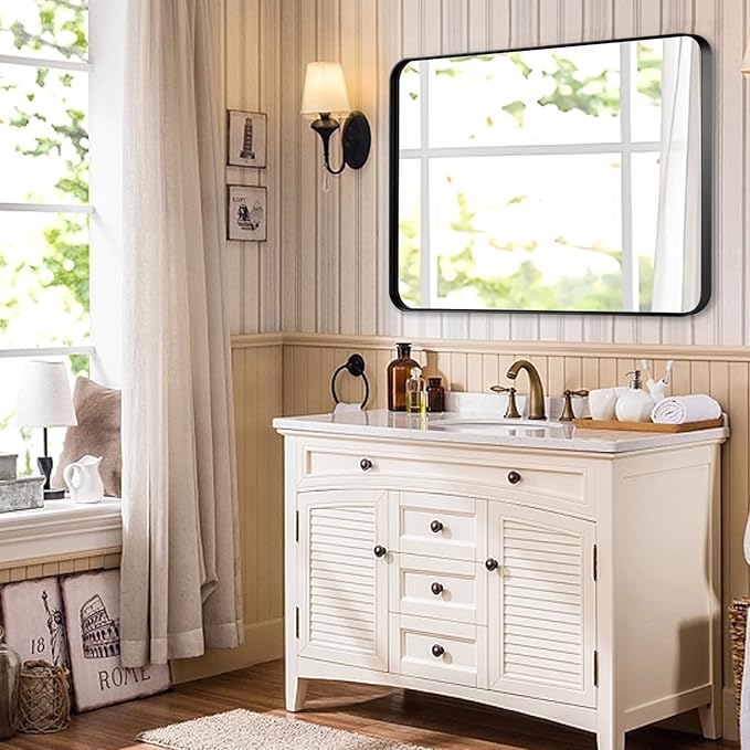22x30 Inch Rectangle Bathroom Mirror, Brushed Black Vanity Mirrors for Wall, Metal Frame Wall Mirror, Mirror with Round Corner for Bedrooms, Entryways, Living Rooms, Horizontal/Vertical