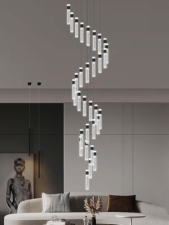 Large Crystal Chandeliers for High Ceiling H150inch Large Spiral Crystal Column Chandelier Lighting Fixture for Foyer Stair 32-Light Black