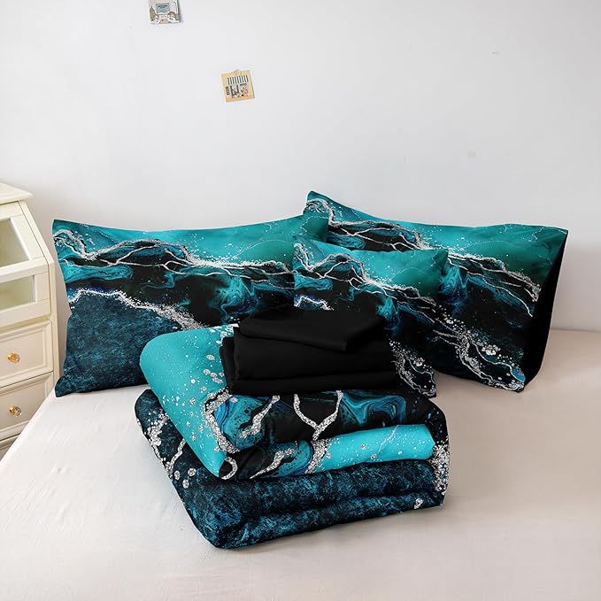 Black Marble Comforter Set 8 Pcs Turquoise Blue Bedding Set Queen Size Bed in A Bag Blue and Black Stone Texture Abstract Room Decor Black Marble Bed Comforter