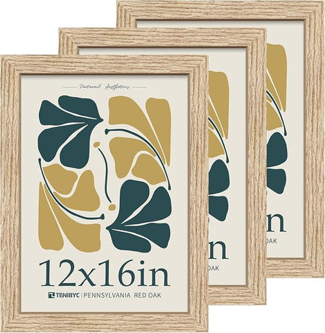 12x16 Picture Frame Oak - 3 Pack, Natural Wood Grain, HD Tempered Glass, Wall Gallery Photo Frame