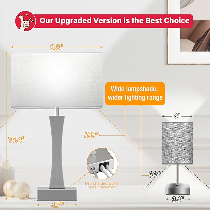 Bedside Lamps for Night Stands - 3 Way Dimmable Table Lamp for Bedroom with USB C+A Ports,Modern Bedside Lamps Set of 2, Touch Lamps for Nightstands(Silver)