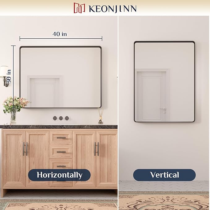 Keonjinn Black Framed Mirror for Bathroom 40 x 30 Inch Rounded Rectangle Wall Mirror, Matte Black Vanity Mirror for over Sink, Tempered Glass Farmhouse Mirror Seamless Metal Frame(Horizontal/Vertical)