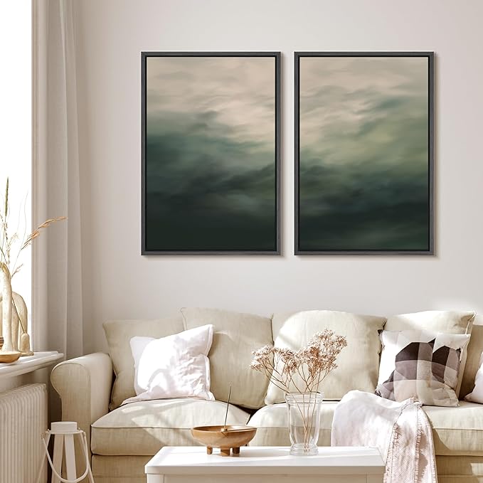 MUDECOR Framed Canvas Print Wall Art Dark Green Abstract Misty Landscape Moody Illustrations Modern Art Decorative Chic for Living Room, Bedroom, Office - 16"x24"x2 Black