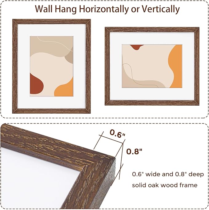 Solid Oak Wood Frame 8x10, 8 x 10 Frame Set of 3, 8"x10" Photo Frames with Stand, 8 by 10 Frame for Wall & Tabletop Display, 8x10 Wood Frame, Walnut Color