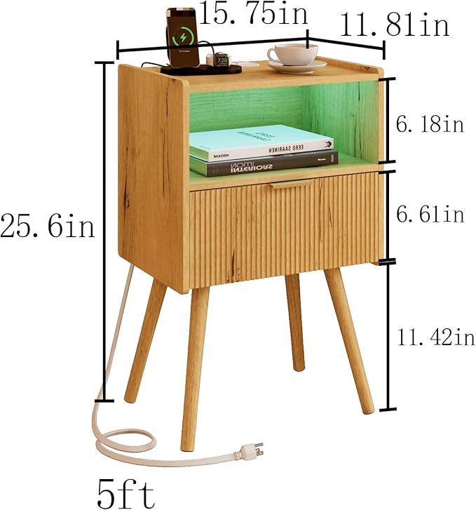 Nightstand, Modern Side Table with Charging Station and LED Lights