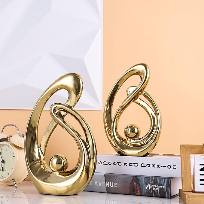 XMGZQ Home Decor Accent,Porcelain Art Mid Century Bookshelf Decorations,Gold Centerpieces for Tables,Abstract Ceramic Statue Sculpture for Coffee Table Mantel Tv Stand Centerpieces (Gold, Large)