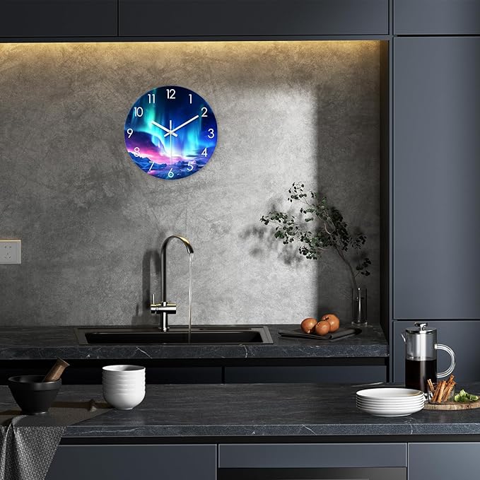 XNM Glass Aurora 12 Inch Modern Teal Wall Clocks Battery Operated Round Wall Clocks for Living Room Wall Clock Silent Non Ticking