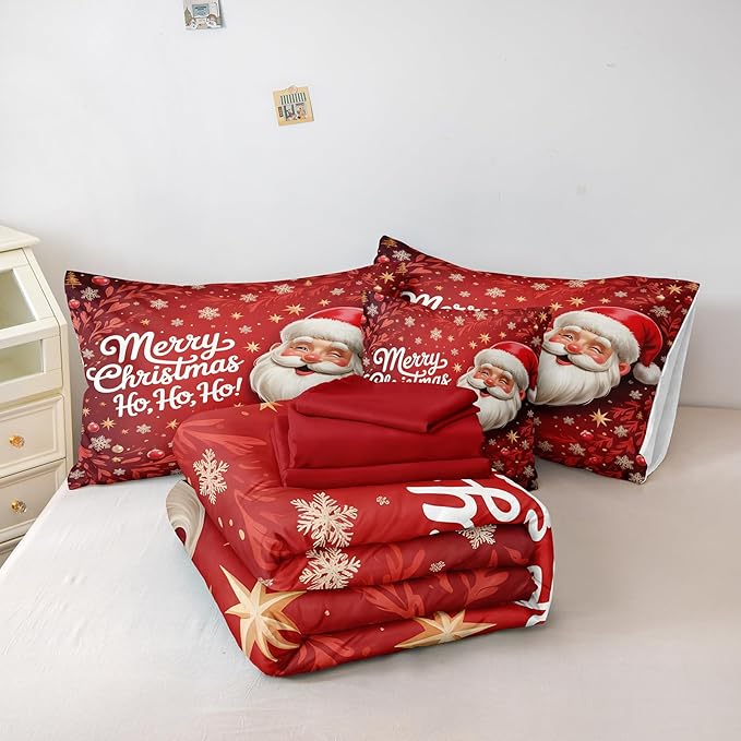 Santa Claus Comforter King Red Snowflake Bedding Set Leaf Stars Merry Christmas Bedroom Decor Happy Holiday Boys Girls Xmas Bed in A Bag