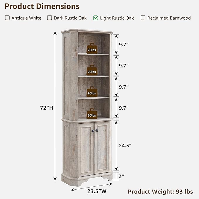 OKD 6-Tier Bookcase with Doors, 72" Tall Farmhouse Bookshelf with Storage & Adjustable Shelves, Wooden Floor Standing Display Book Shelf Organizer for Home Office, Light Rustic Oak