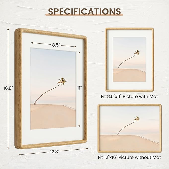 12x16 Picture Frame, Solid OAK Wood Frame with Real Glass, Hard Wood 12 by 16 Photo Frame for Wall & Tabletop Display, 12x16 Picture Frame Matted to 8.5x11, Natural OAK Color