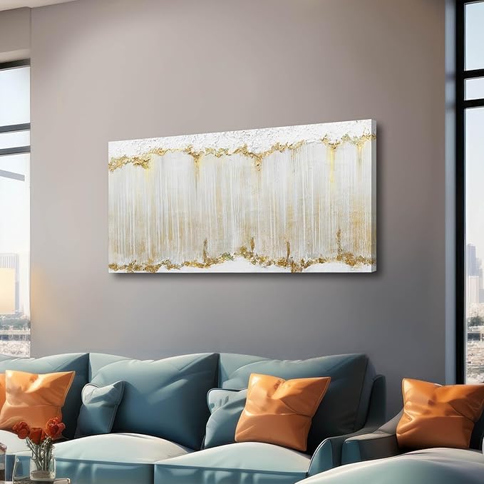 WINKAILIN White and Gold Canvas Wall Art Modern Abstract Wall Decor for Living Room Gold Line Office Decor 24"x 48" Textured Wall Prints Ready to Hang