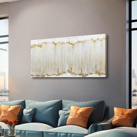 WINKAILIN White and Gold Canvas Wall Art Modern Abstract Wall Decor for Living Room Gold Line Office Decor 24"x 48" Textured Wall Prints Ready to Hang