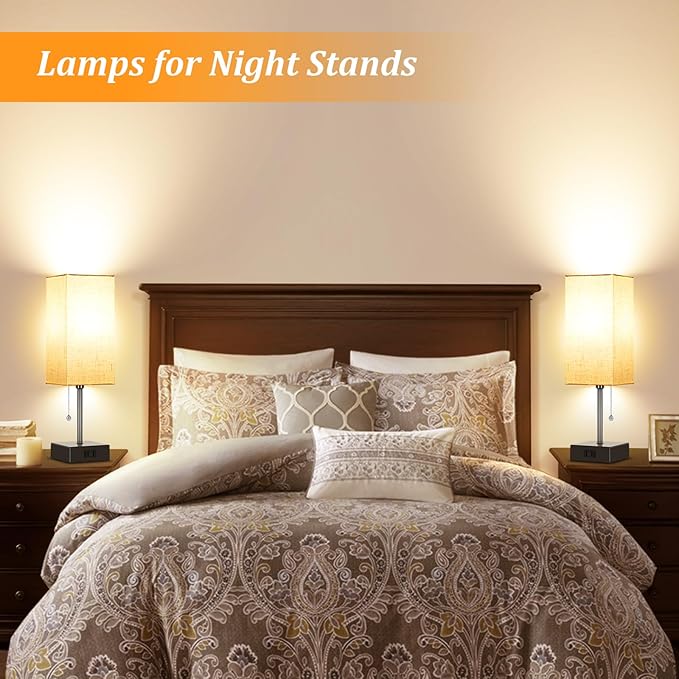 Table Lamp for Bedroom set of 2,3-Color Bedside Lamps with Pull Chain Table Lamps for Nightstand with AC Outlets,Night Light Lamps with 2 Bulbs Lamps for Living Room Kids Office Decor（Black+Cream）