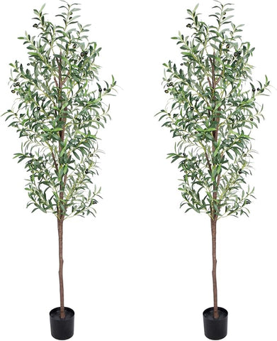 Artificial Olive Tree, 6FT Tall Faux Olive Trees 72in Outdoor Fake Potted Silk Plant with Trunk and Realistic 648 Leaves and 24 Fruits for Modern Office Home Decor Indoor 2Pack