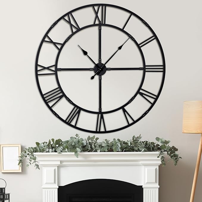 Large Wall Clock for Living Room Decor – 48 inch Silent Non-Ticking Modern Farmhouse Wall Clock, Oversized Decorative Metal Roman Numeral Clock, Black
