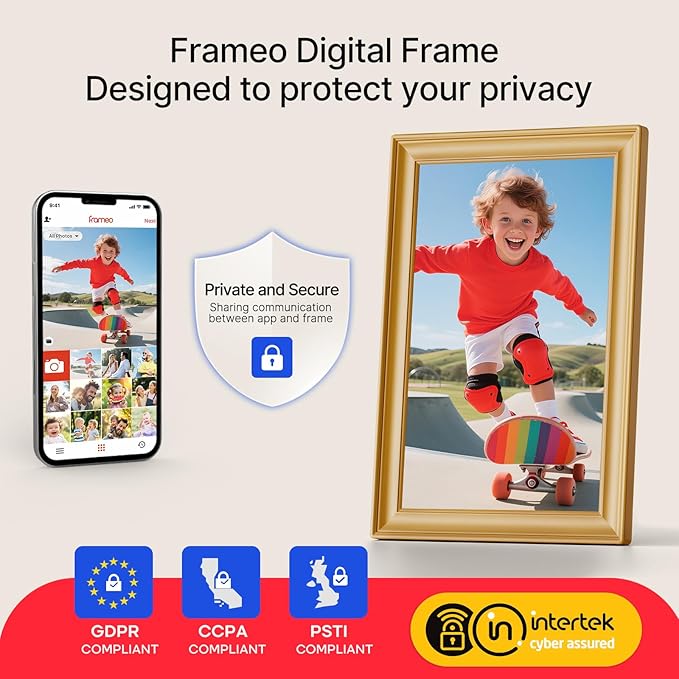 Frameo 10.1 Inch WiFi Digital Picture Frame, 1280x800 HD IPS Touch Screen Photo Frame Electronic, 32GB Storage, Auto-Rotate, Wall Mounted, Share Photos/Videos Instantly from Anywhere - Gold