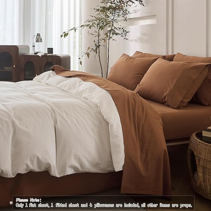 6PS Linen Like Bedding Sheet Sets Deep Orange King Size Cotton Bedding Set Oeko-TEX Standard 100% Washed Cotton Deep Pocket King Size Fitted Sheet Plus Cozy Flat Sheet and 4 Pillowcases