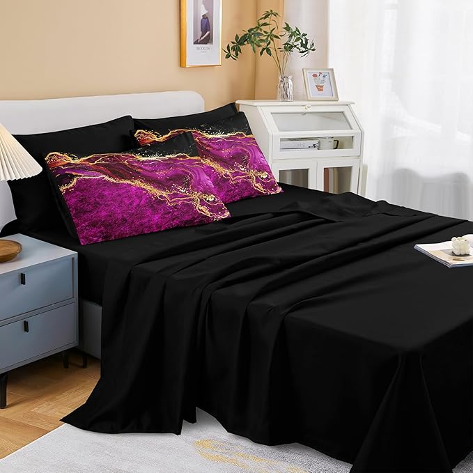 Black Gold Comforter Set 8 Pcs Hot Pink Marble Bedding Set King Size Bed in A Bag Purple and Black Marble Stone Texture Abstract Room Decor Black Marble Bed Comforter
