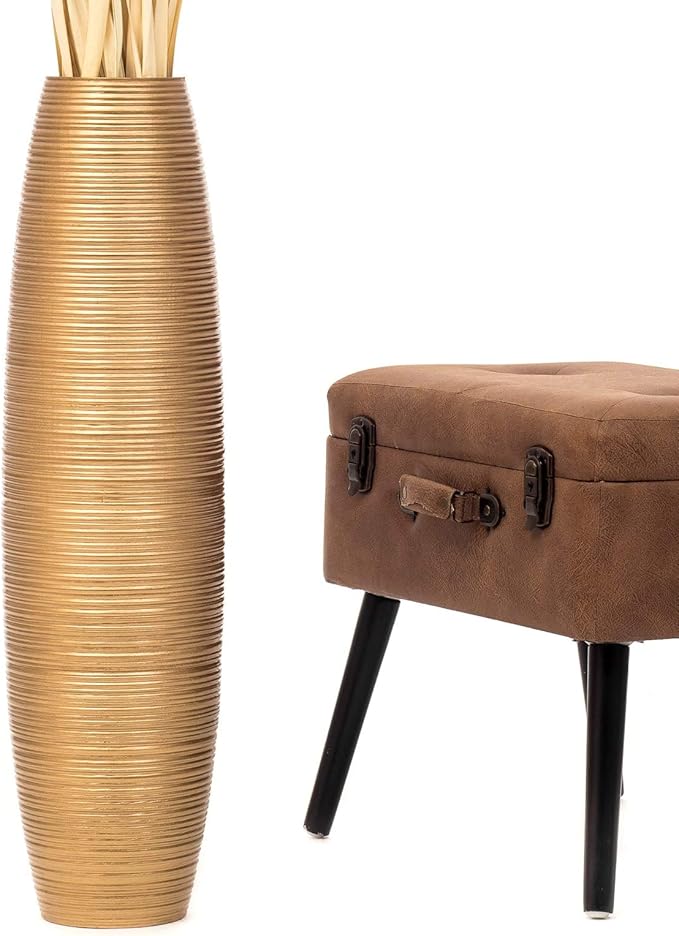 Leewadee Large Gold Home Decor Floor Vase – Wooden 26 inches Tall Farmhouse Decor Flower Holder for Fake Plant and Pampas Grass