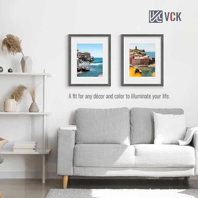 VCK 16x20 Picture Frame 5 Pack - Grey, High-End Wood Poster Frames with Tempered Glass, Display 11x14 Photo with Mat or 16x20 without Mat, Art Gallery-Quality, Wall Hanging, Grey