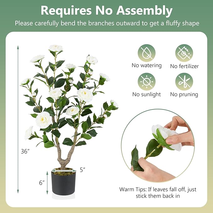 Goplus 36’’ Artificial Camellia Tree, 2 Pack Flower Plants Artificial Tree, Faux Floral Plant Blooming Tree in Nursery Pot, Greenery Potted Plant for Indoor Office Home Porch Decor, White