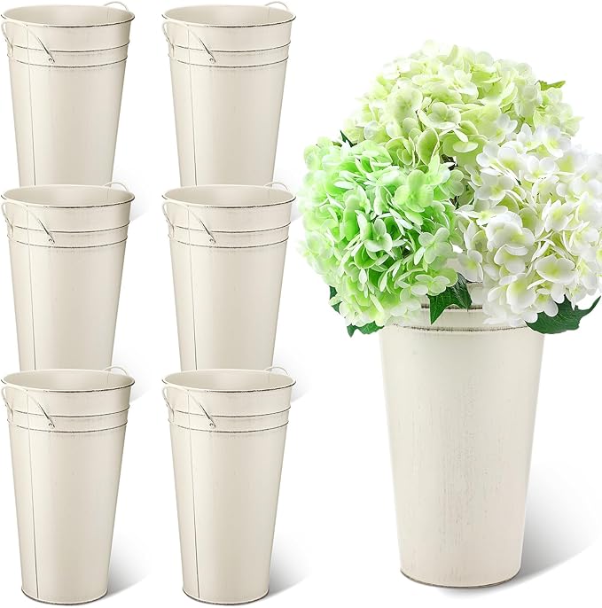 Irenare 12 Inch Vintage Galvanized Flower Bucket Metal Flower Vase Farmhouse French Bucket Planter Metal Floral Container for Party Table Centerpiece Weddings Home(White,6 Pcs)